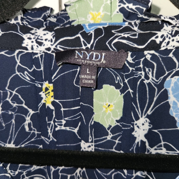 NYDJ Floral Blouse - Ruffle Neck - Black, Blue, Green Size Large - Picture 4 of 6